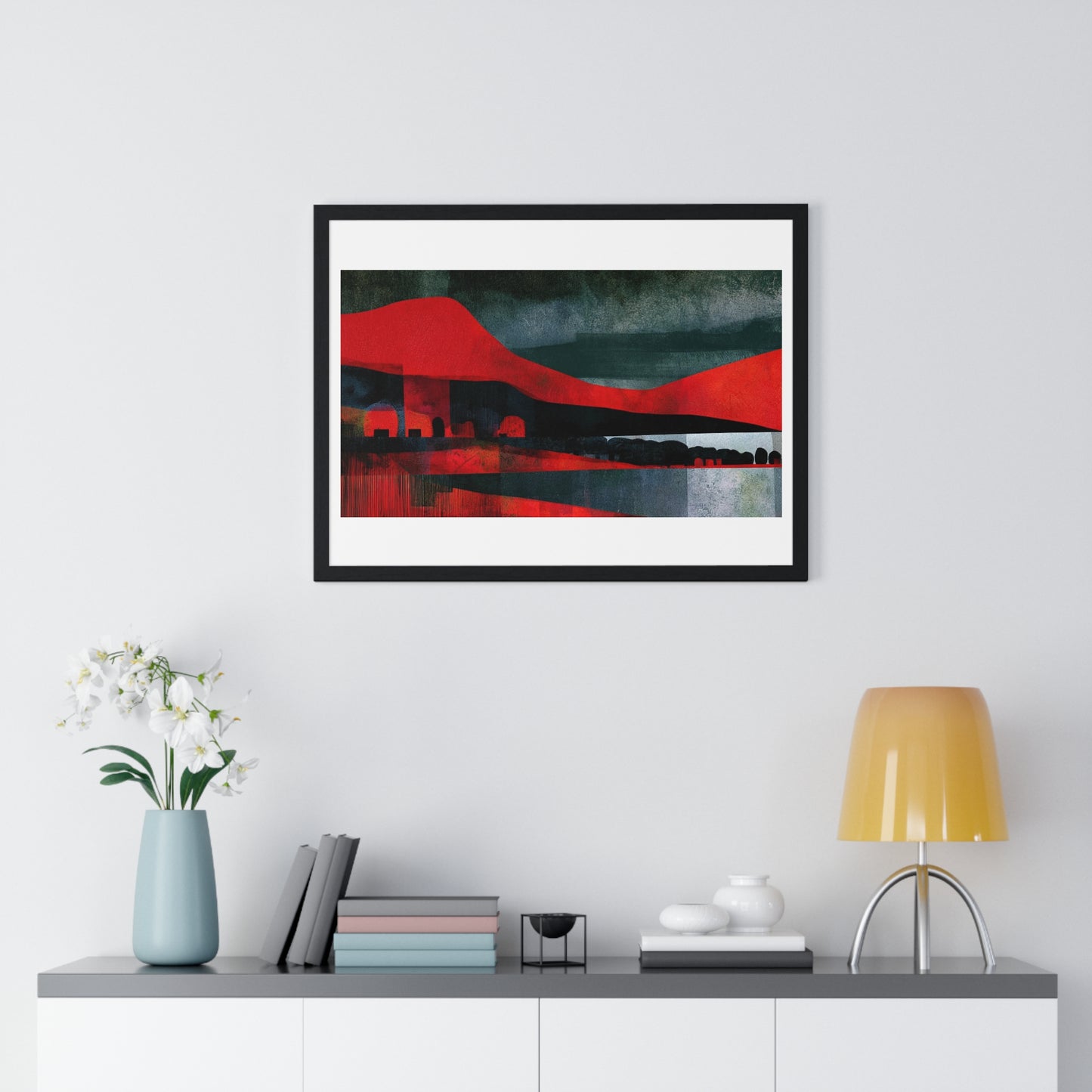 Unreal Landscape, Red and Grey Decor Art, Large Framed Print