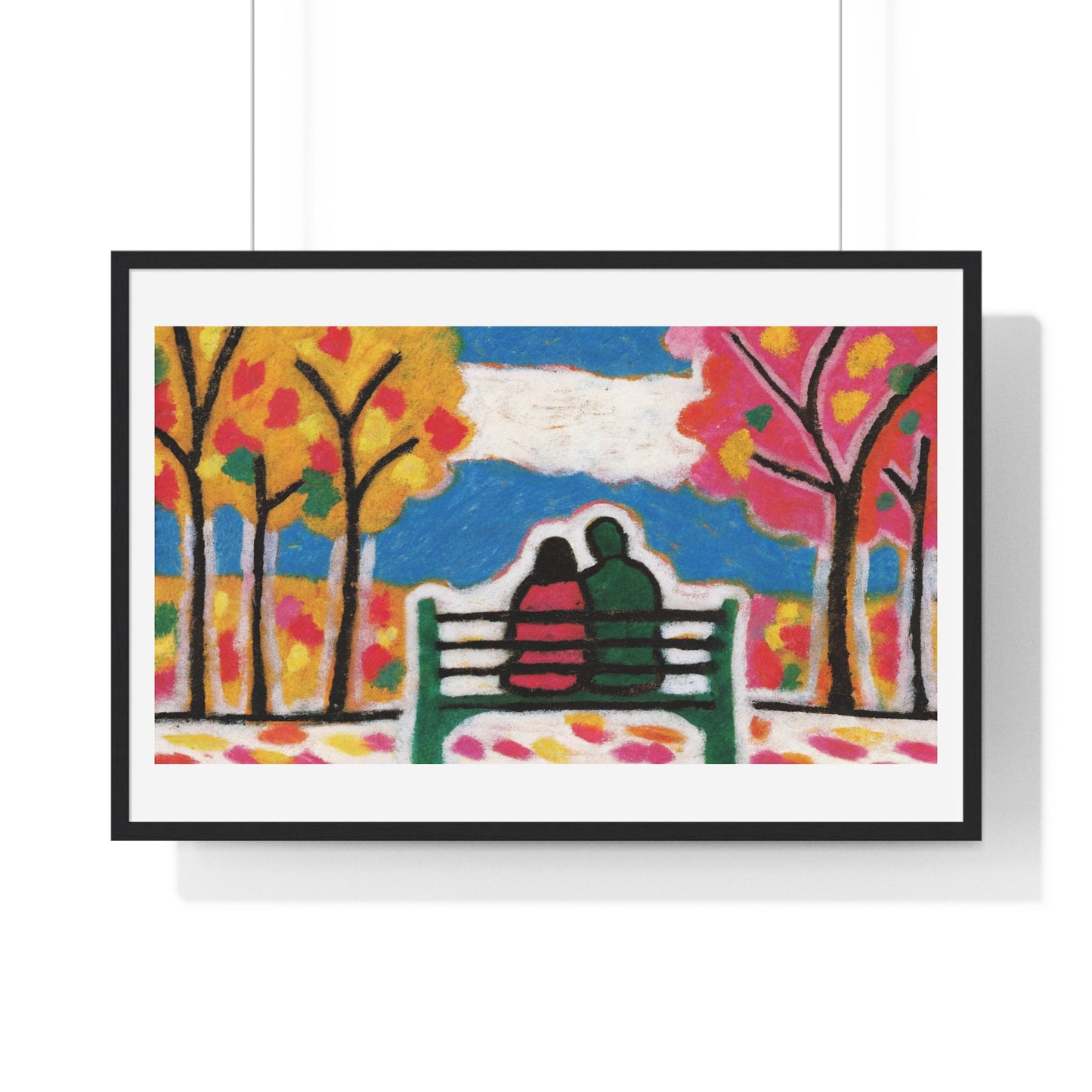 Couple on a Park Bench Fuzzy Felt Art 'Designed by AI' Framed Print