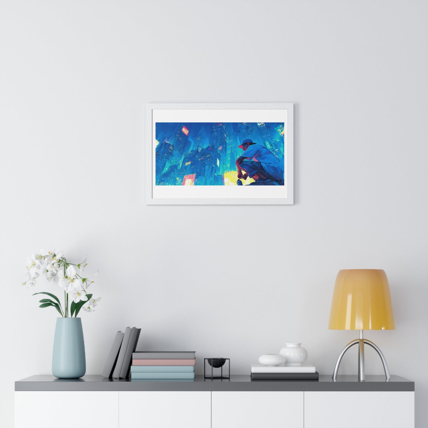 Cosmic Cityscape at Sunset 'Designed by AI', Framed Art Print