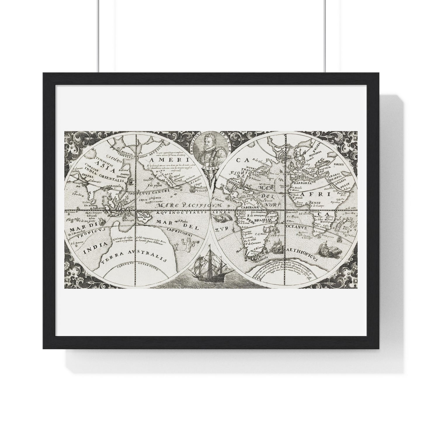 Antique Map from the Grand Voyages to the New World (1596) by Theodor de Bry from the Original, Framed Art Print