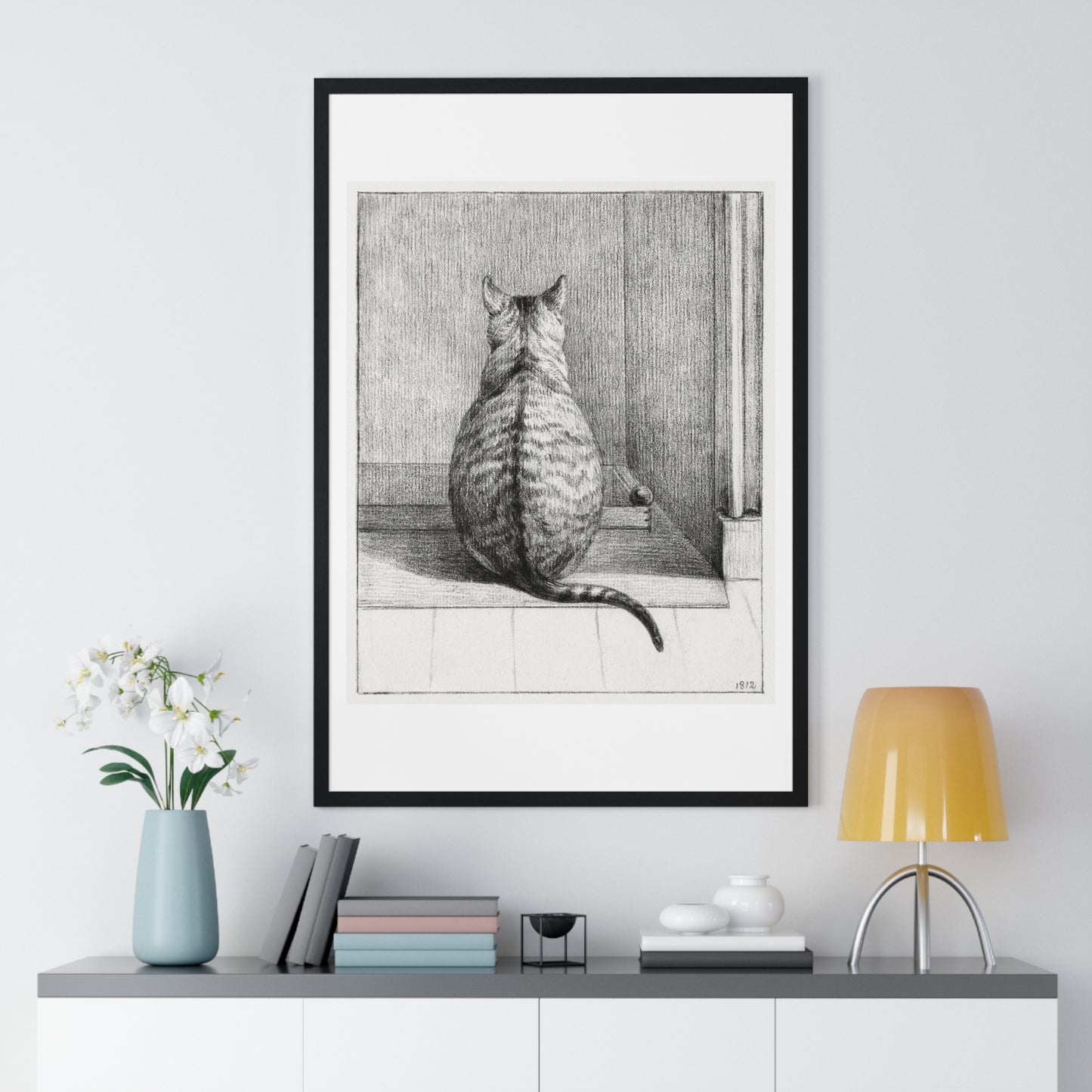 Sitting Cat From Behind (1812) Drawing by Jean Bernard, from the Original, Framed Print