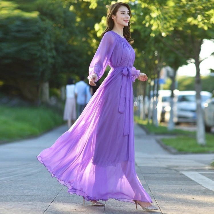 Vireous Flowy Long Sleeve Chiffon Beach Dress