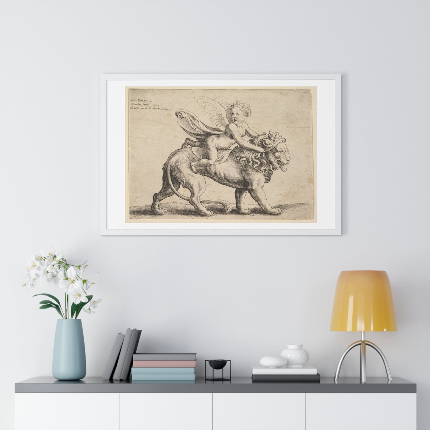 Cupid on a Lion (1652) by Giulio Romano, from the Original, Framed Art Print