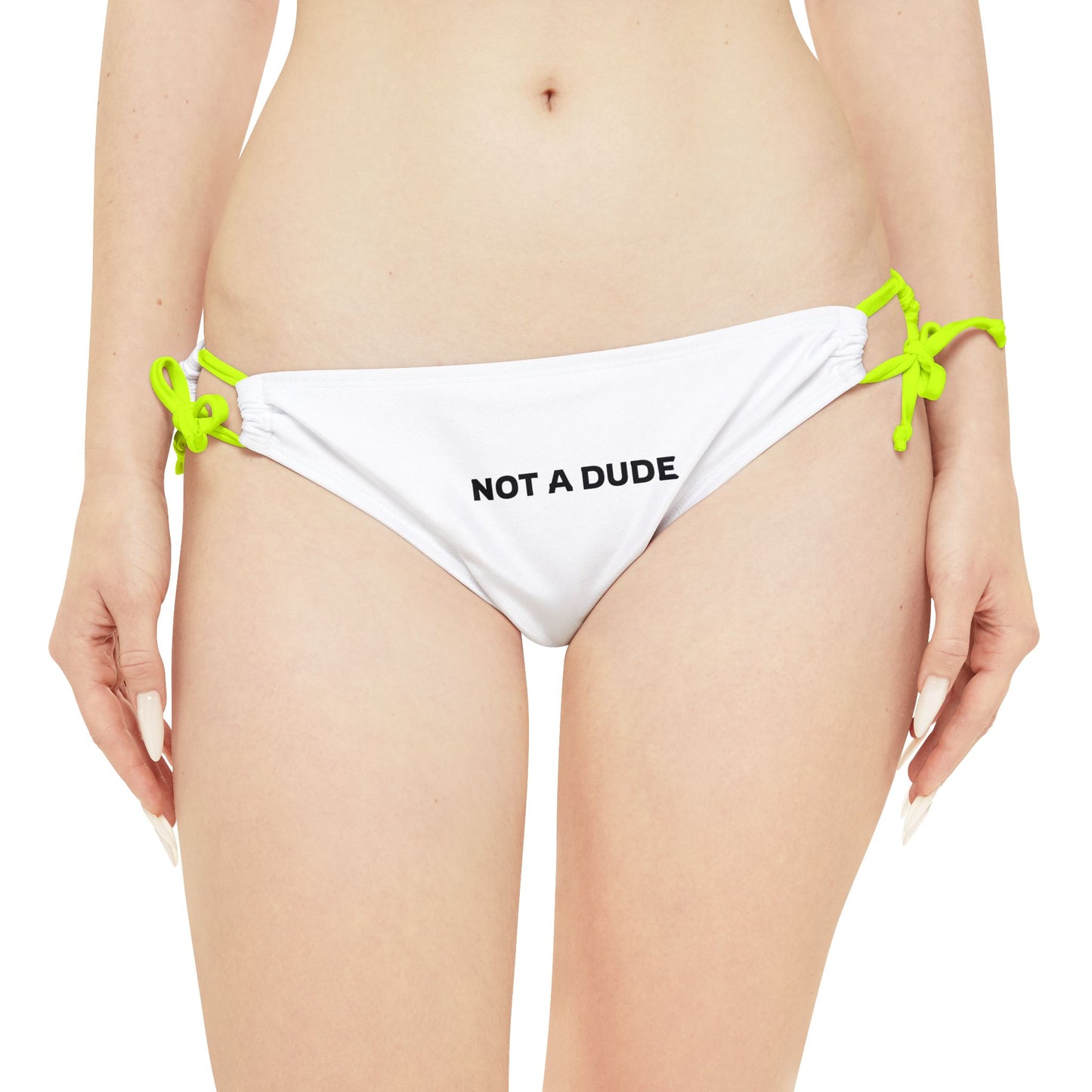 'Not a Dude' Women's White Printed Loop Tie Side Bikini Bottom