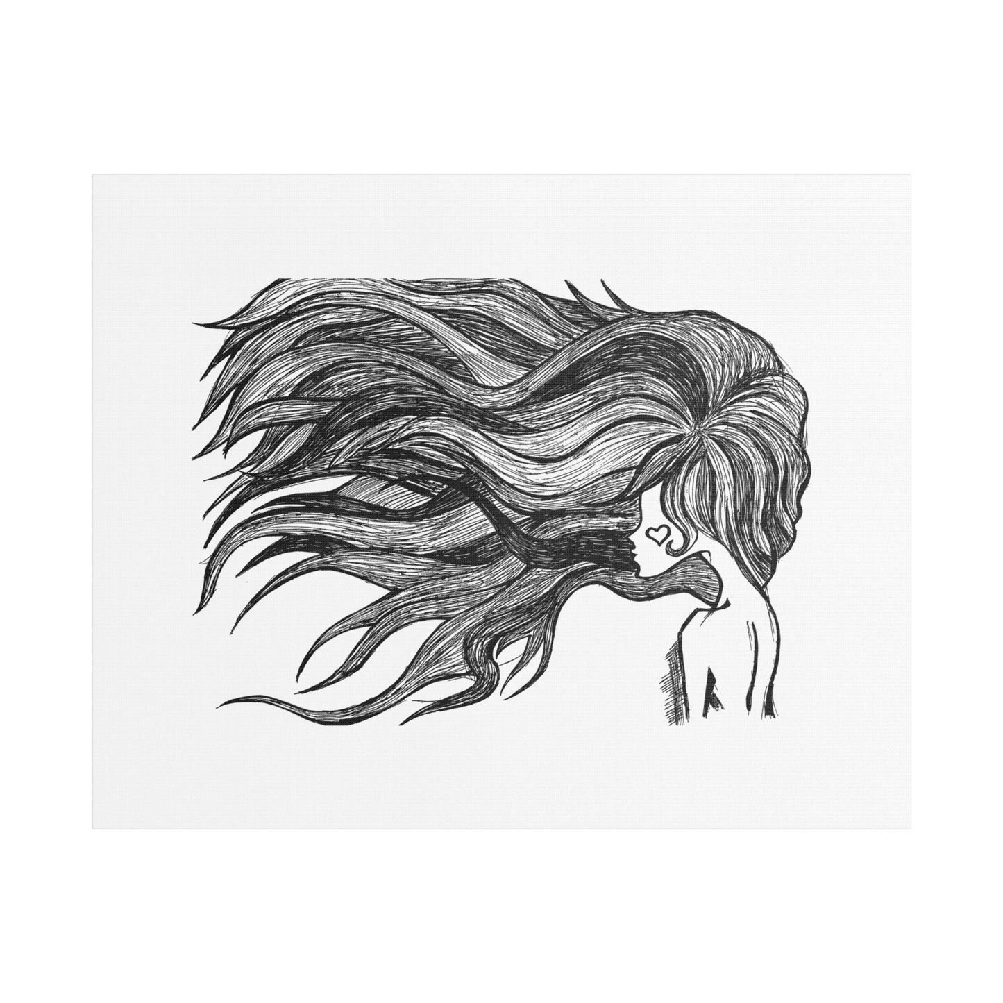 Flowing Hair Girl Line Art, Printed on Satin Canvas