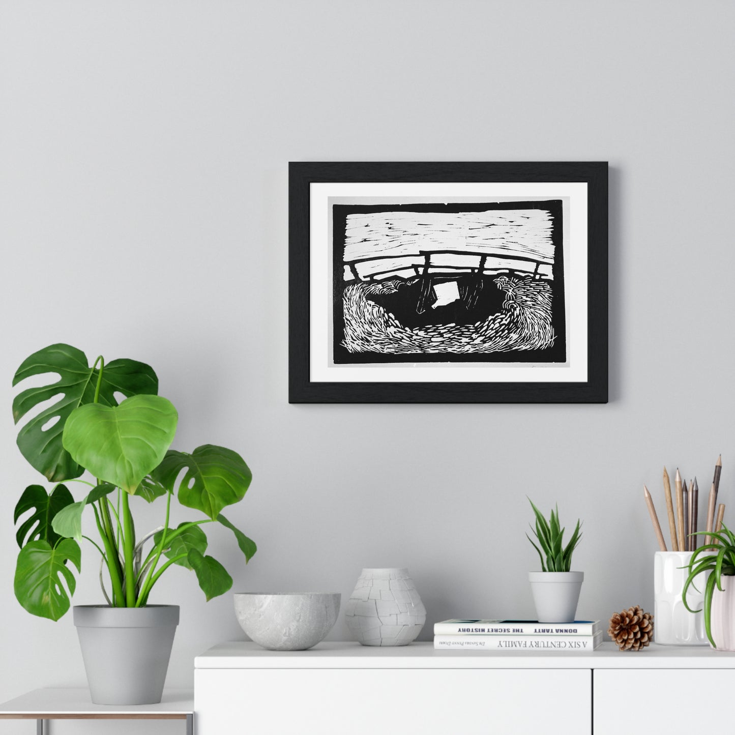 Large Bridge Near Soest (1912) Linocut by Wilhelm Morgner from the Original, Framed Art Print