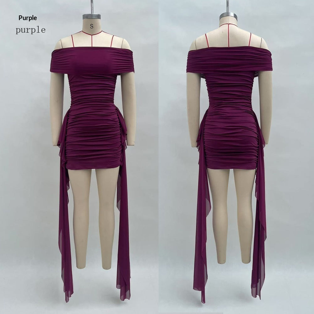 Vireous Off-the-Shoulder Pleated Flowing Ribbon-Fit Mini Dress