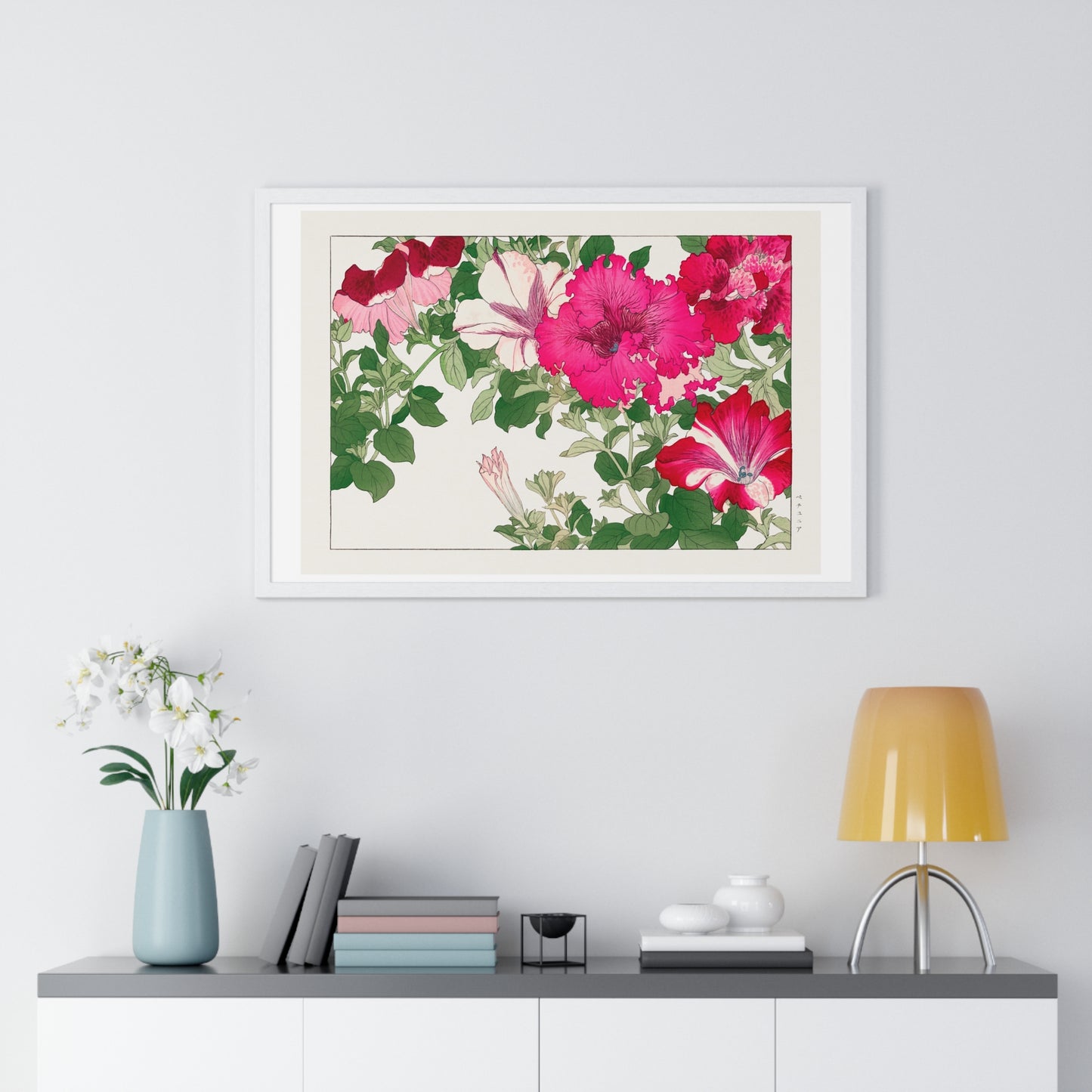 Vintage Petunia, Japanese Woodblock Art (1917) from Seiyō Sōka Zufu, by Tanigami Kônan, Framed Art Print