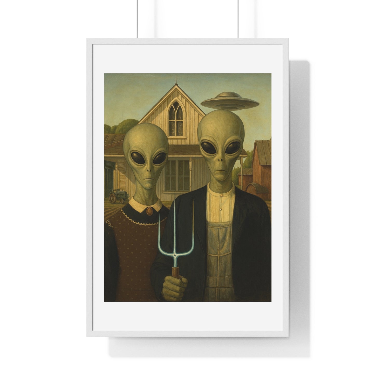 American Gothic Remixed, Midwestern American Aliens 'Designed by AI', Framed Art Print