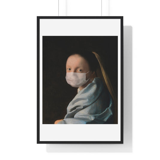 Johannes Vermeer's Young Woman Wearing a Face Mask During Coronavirus Pandemic, Remix, Framed Art Print