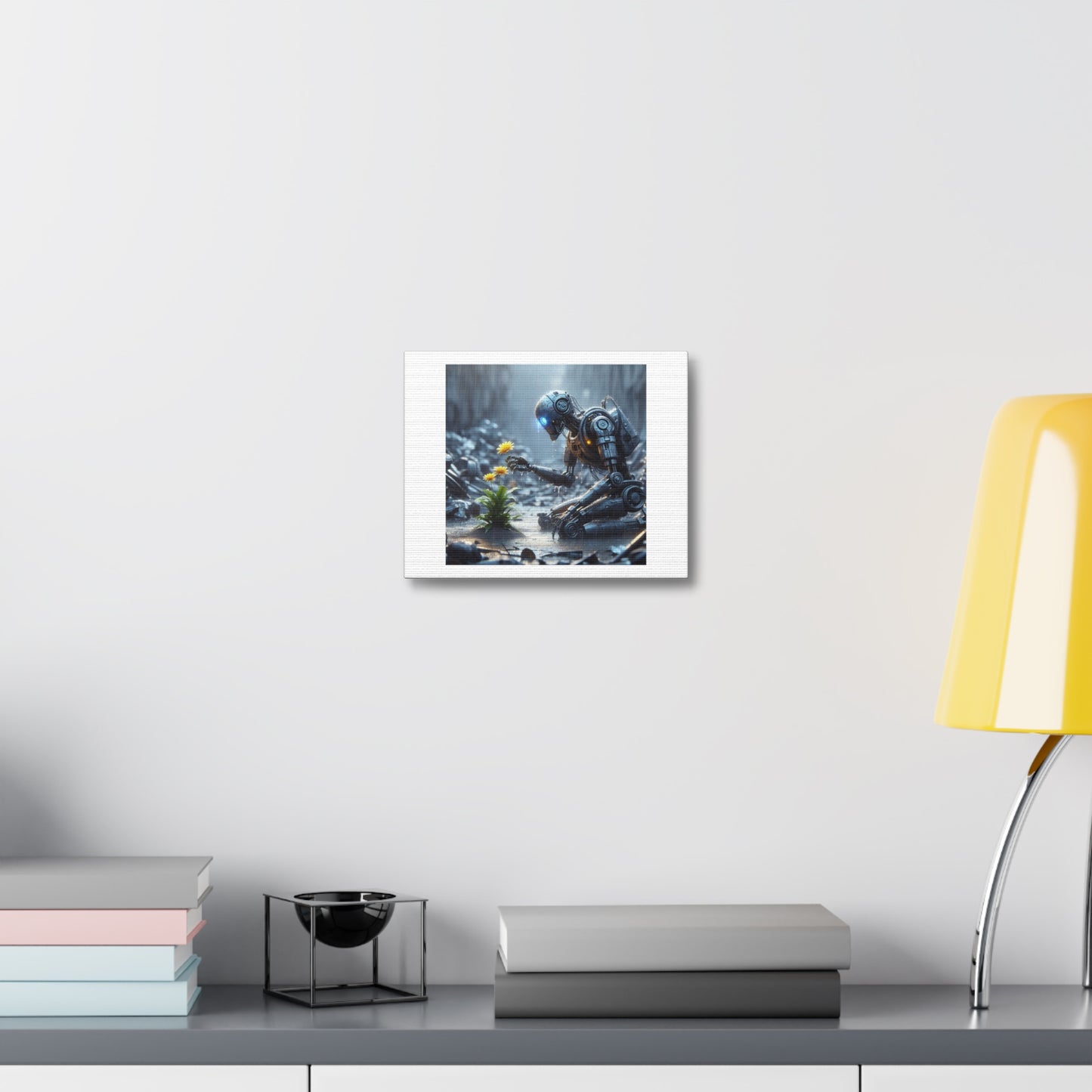 Cinematic Rendering of Robot Kneeling to Observe Yellow Flowers 'Designed by AI' Art Print on Canvas