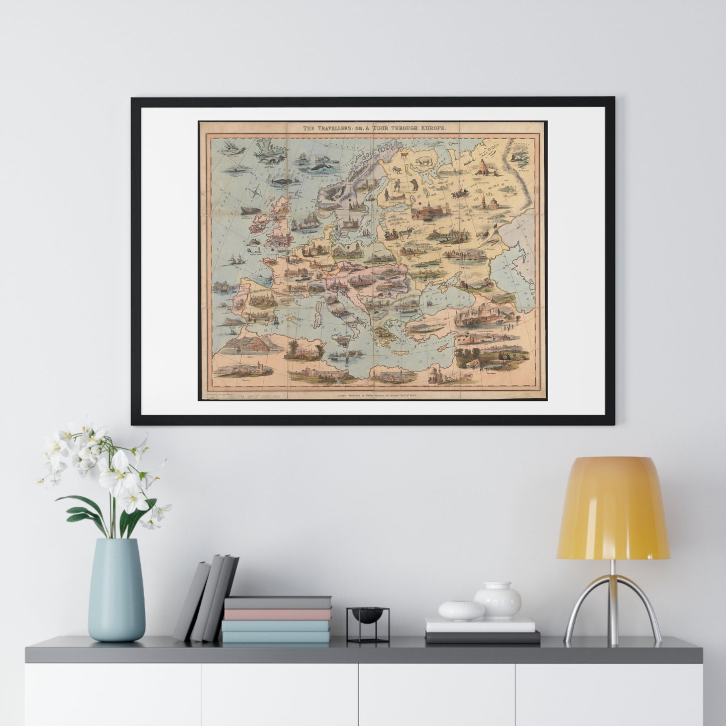 Map of the World 'The Travellers or a Tour Through Europe' (1842) by William Spooner, from the Original, Framed Art Print