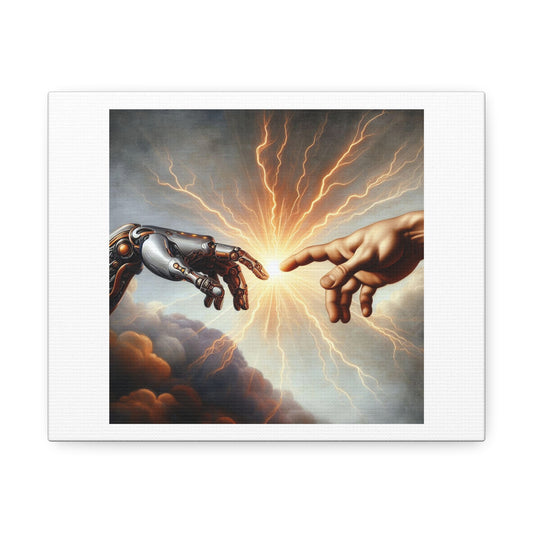 Robot and Human in Michelangelo's 'Creation of Adam', Art Print 'Designed by AI' on Canvas