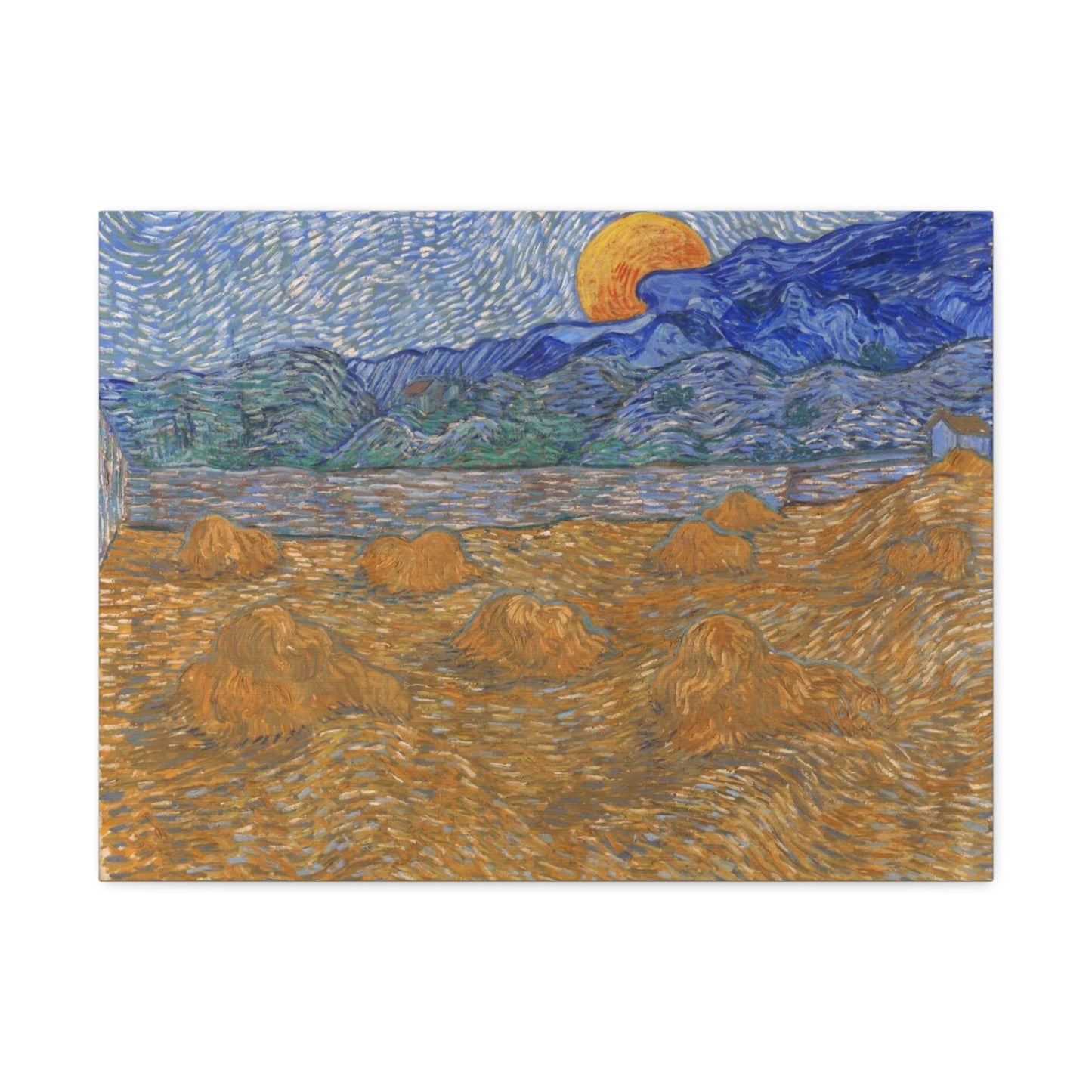 Landscape with Wheat Sheaves and Rising Moon (1889) by Vincent van Gogh from the Original, Art Print on Satin Canvas