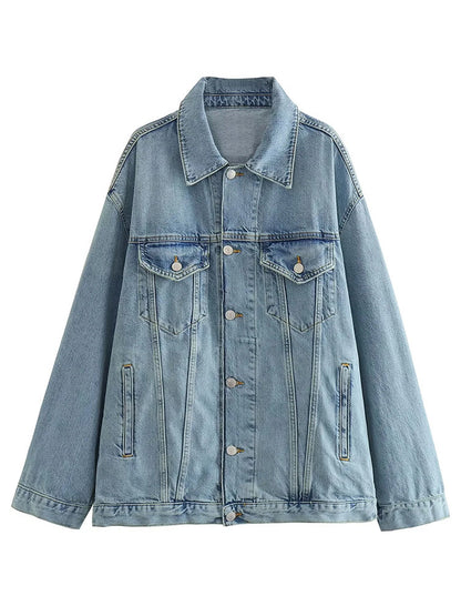 Retro Collar Women's Denim Jacket Coat Set With Pants