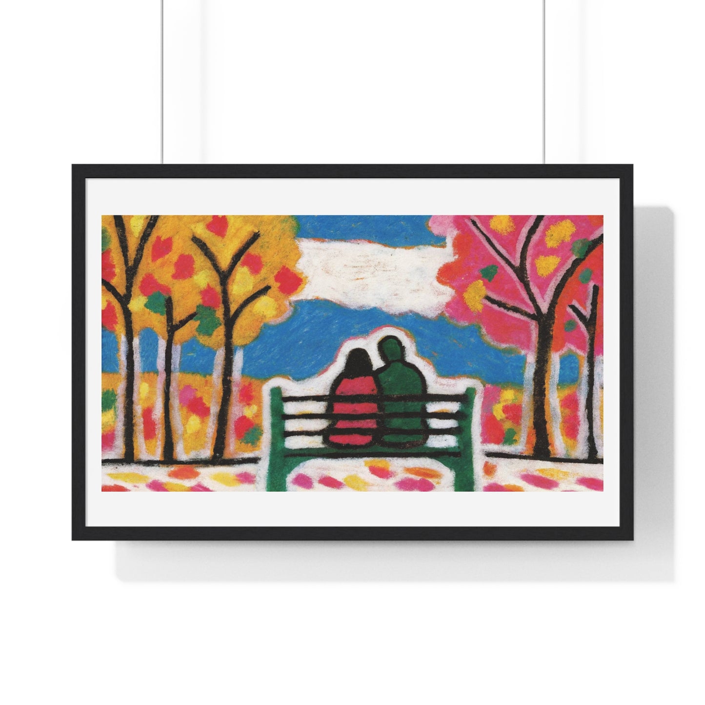 Couple on a Park Bench Fuzzy Felt Art 'Designed by AI' Framed Print