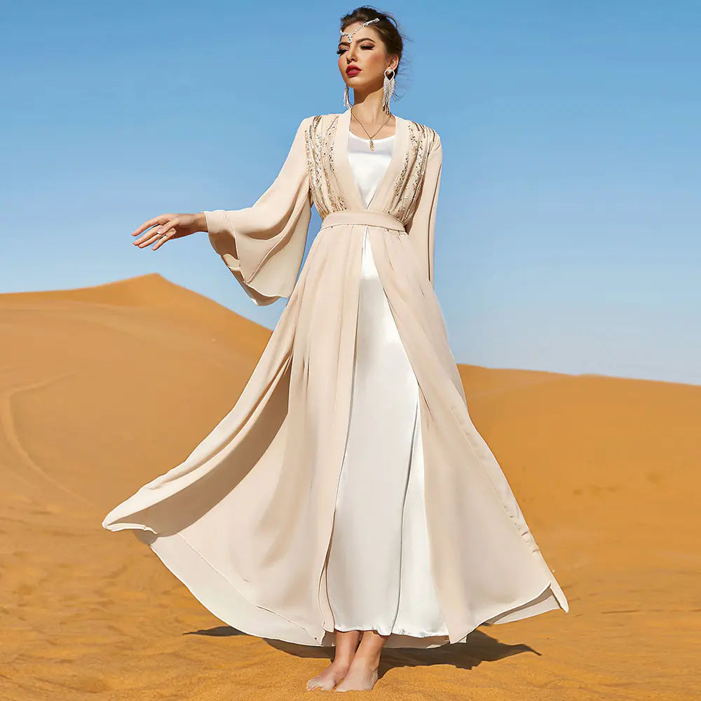 Vireous Beige Double-Layer Chiffon Outerwear Dress and White Liner
