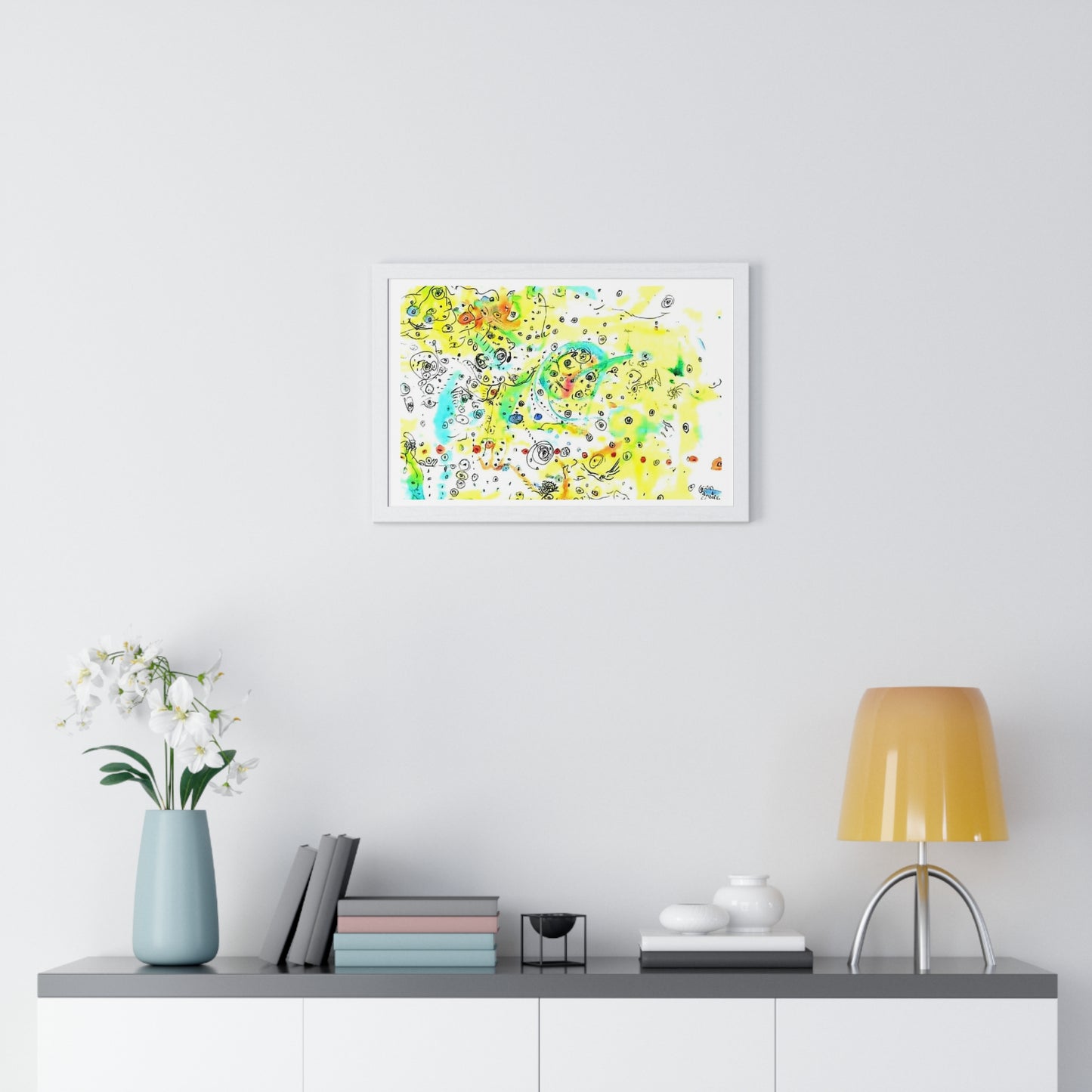 Yellow Scatter Pattern, Abstract Large Wall Art, Framed Print