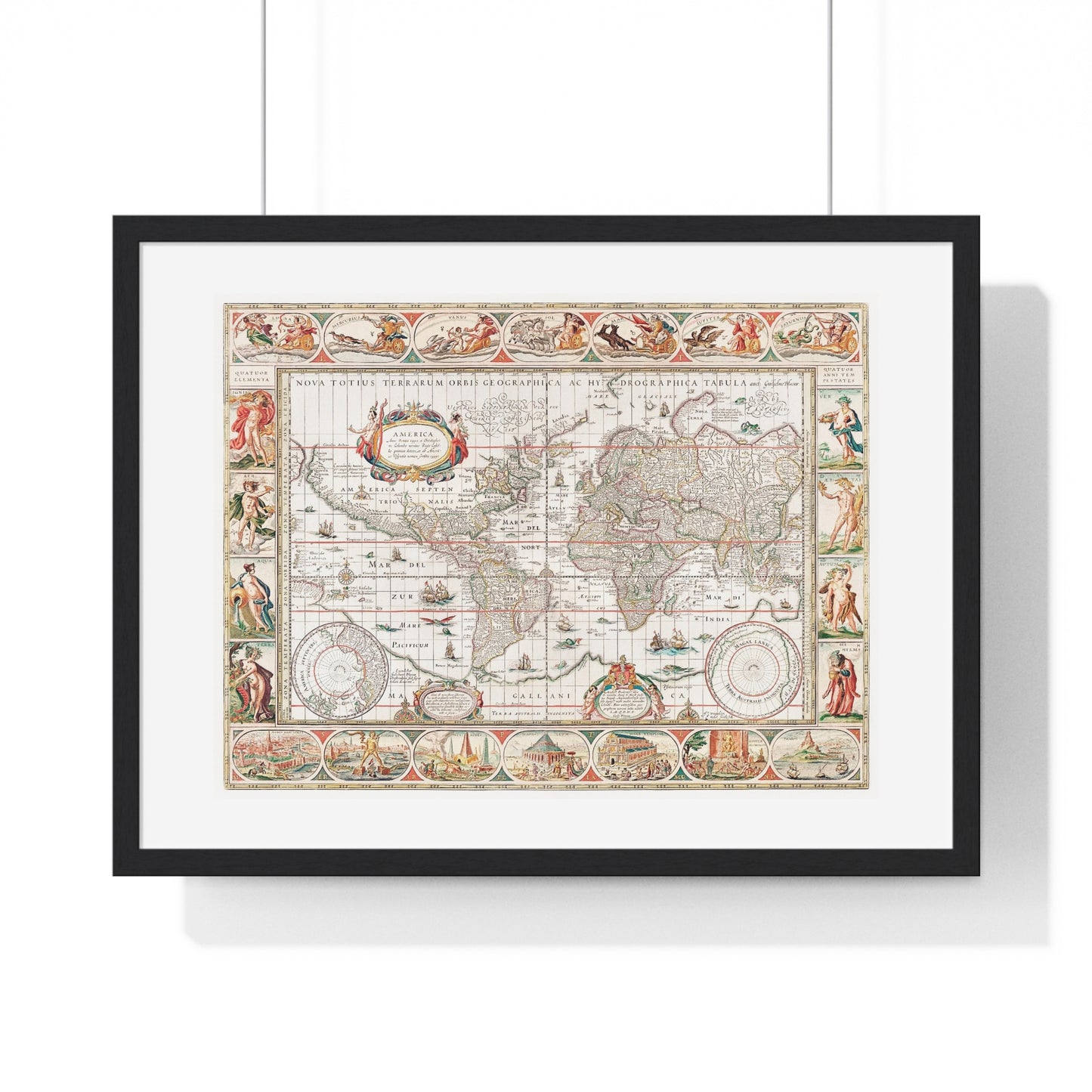 Map of the World 'Nova Totius Terrarum Orbis Geographica ac Hydrographica' (1635–1650) by Guiljelmo Blaeu, from the Original, Framed Art Print