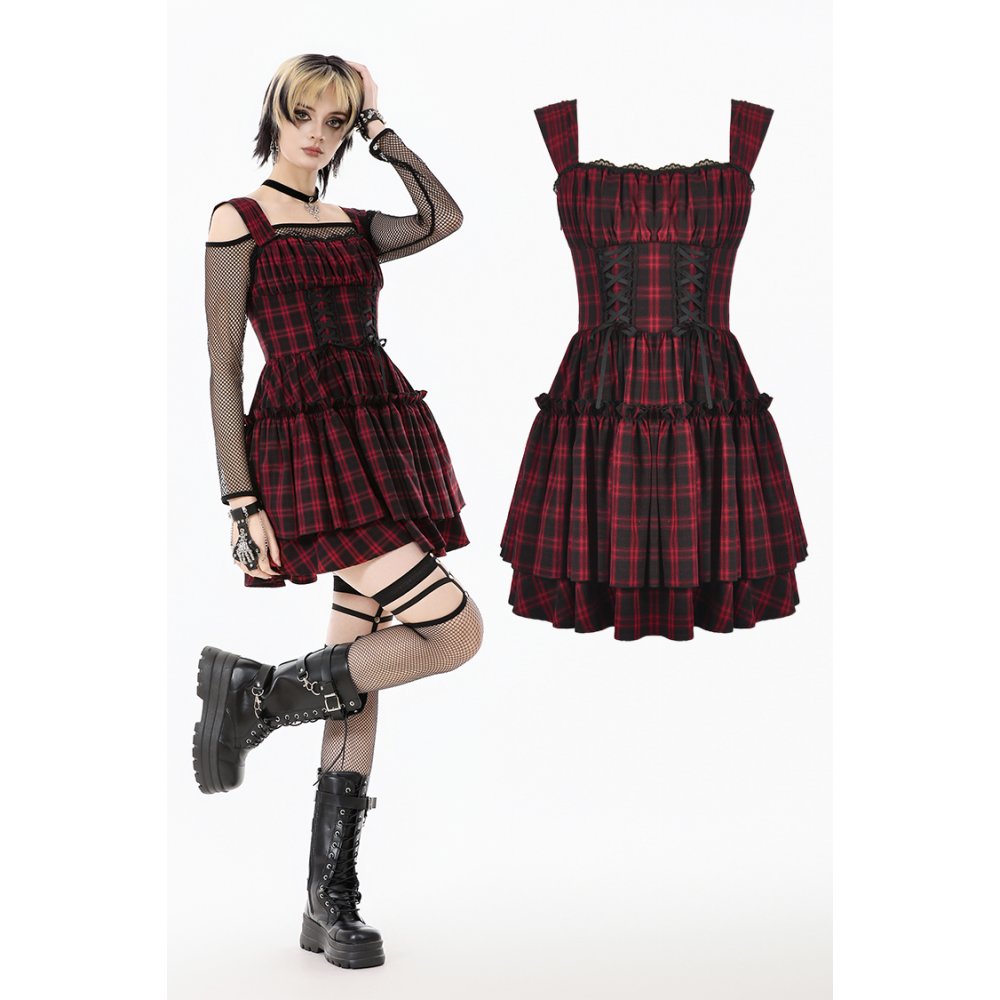 Dark in Love Morrigan Tartan Lace-Up Dress in Black