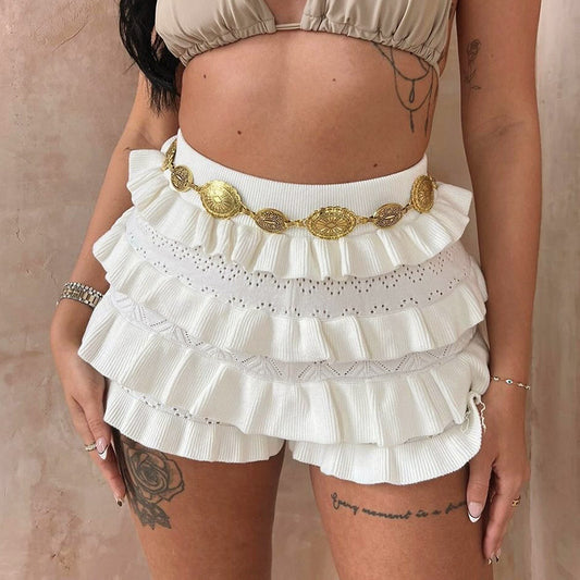 Sexy High-Waisted Knitted Multi-Layer Ruffle-Trimmed Shorts