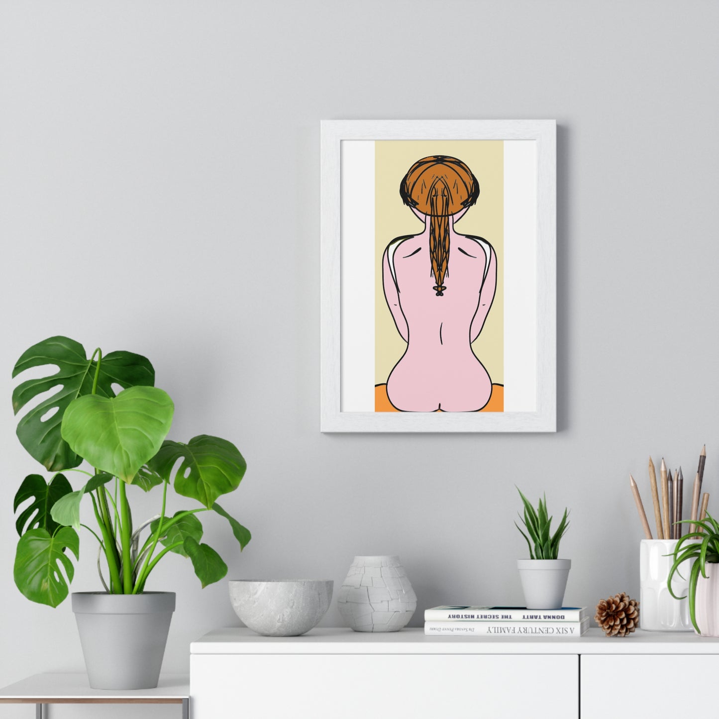 Woman From the Rear, Pencil Sketch 'Designed by AI', Framed Art Print