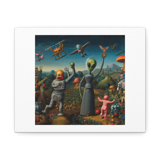 The Garden of Earthly Delights By Hieronymus Bosch Featuring Robots Aliens and Humans Art Print 'Designed by AI' on Satin Canvas