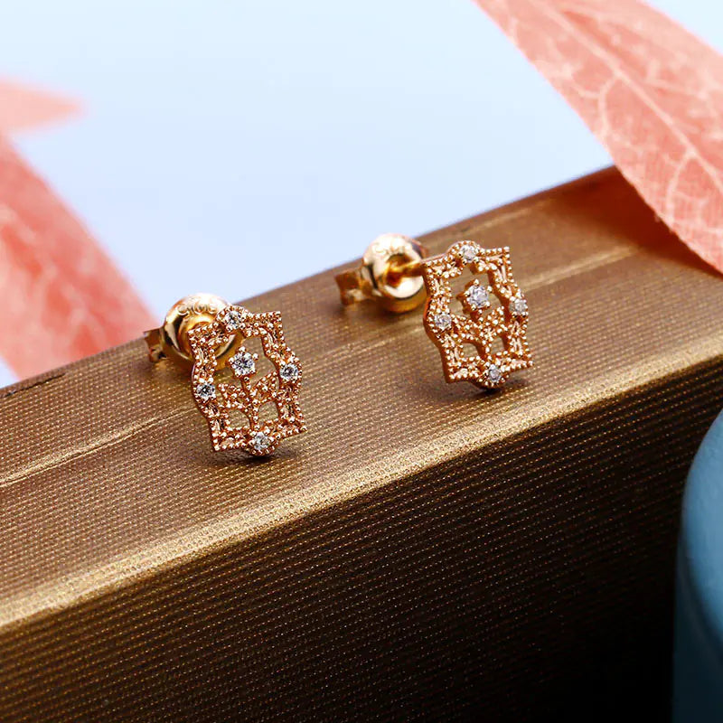 Retro Flower Zirconia and Rose Gold Earrings
