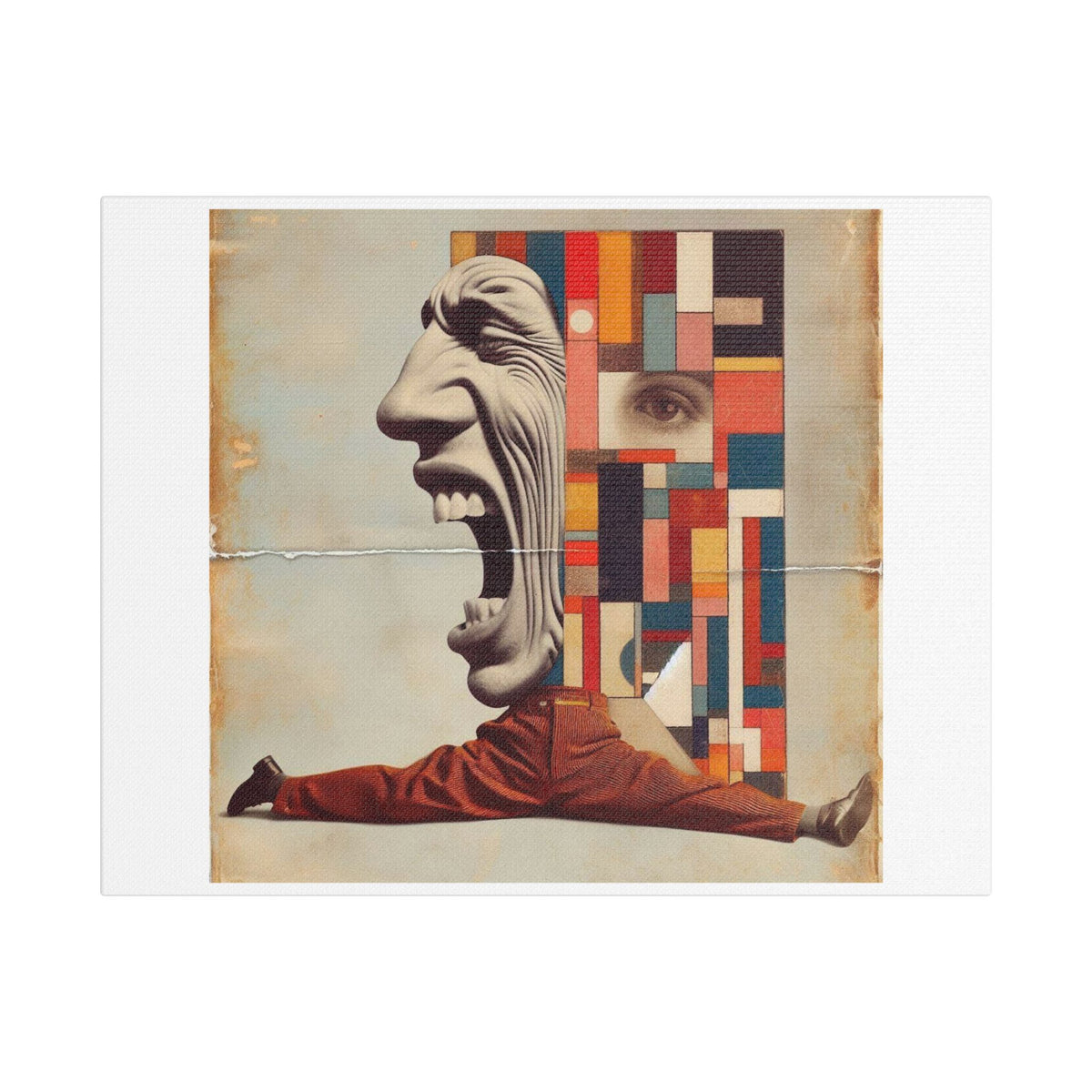 Stretched Canvas Wall Art: Surreal Geometric Face and Acrobat Collage