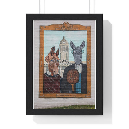 Mural Art 'Muletown Gothic' Featuring Two Mules on a Side of the Red 7 Pizza Restaurant in Columbia, Tennessee, from the Original, Framed Print