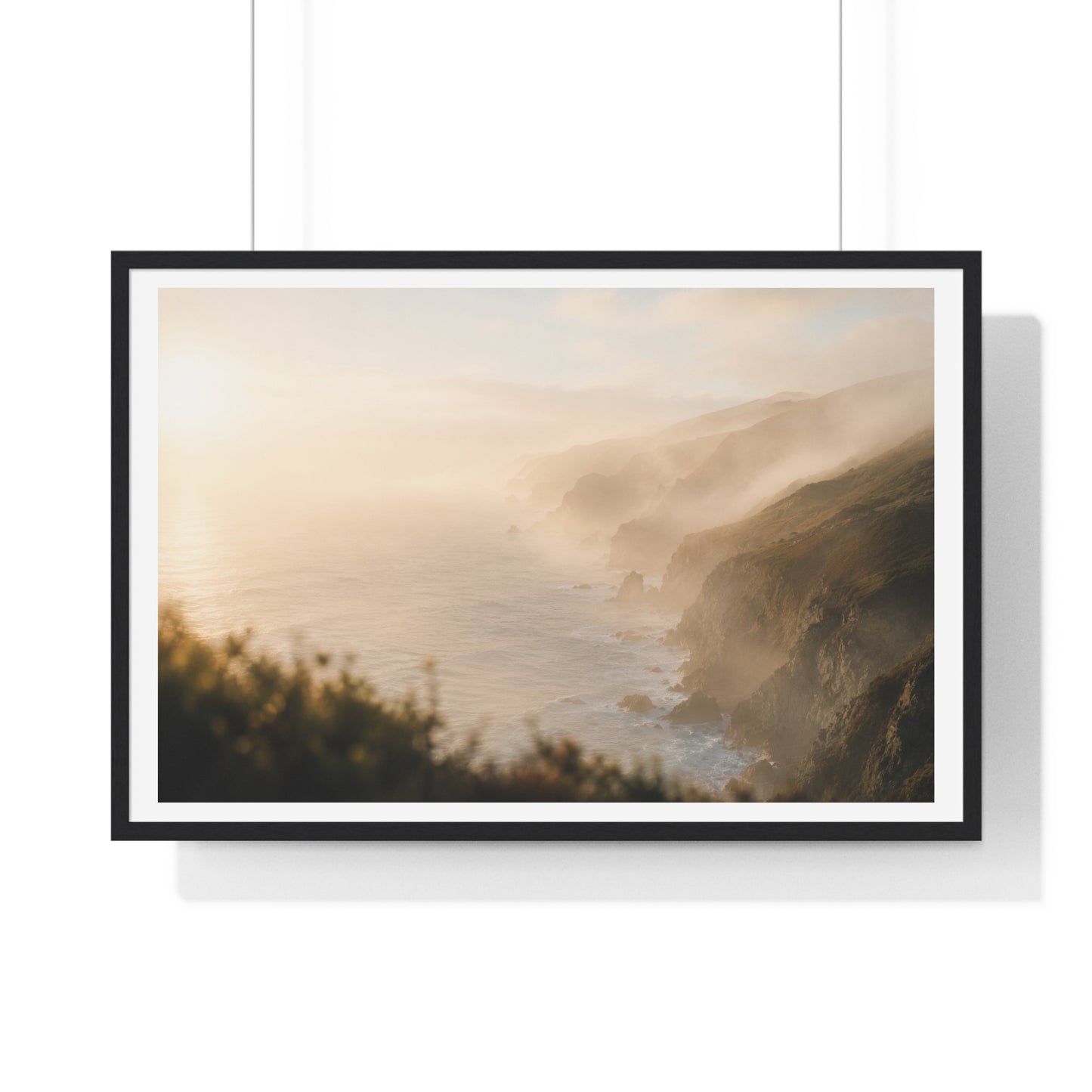 Golden Hour Coastal Mist and Cliffs, Landscape Art Framed Print