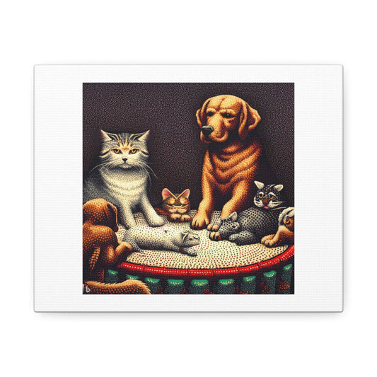 Dogs Playing Poker With Cats, Pointillism Art Print 'Designed by AI' on Canvas, Stretched