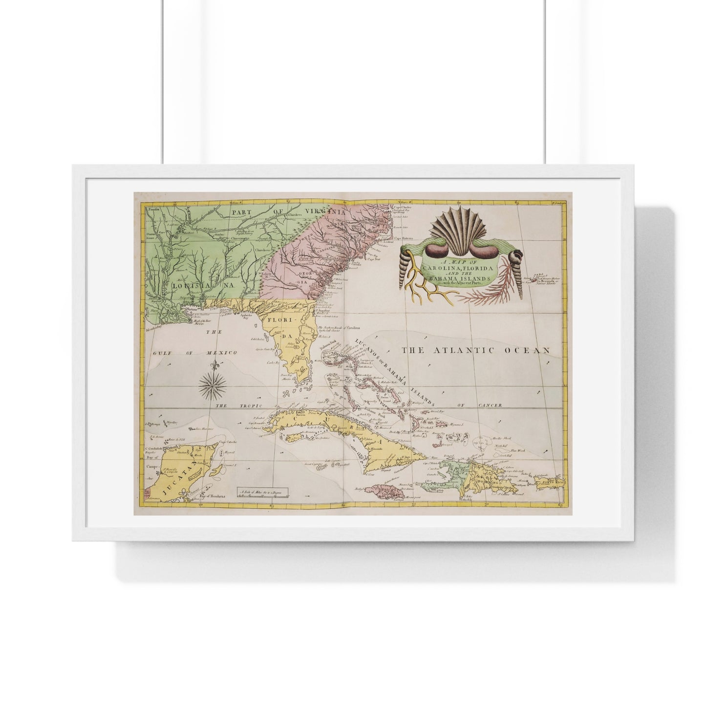 Map of Carolina, Florida and the Bahama Islands with Adjacent Parts from the Natural History of Carolina, Florida, and the Bahama Islands (1754) from the Original, Framed Art Print