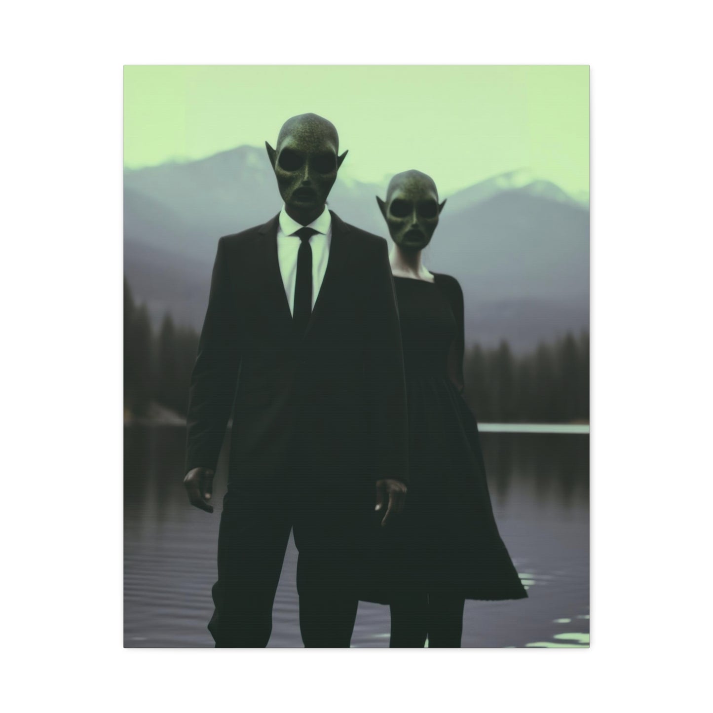 Couple Wearing Alien Mask, Sunglasses Photorealism in Silhouette 'Designed by AI' Art Print on Canvas