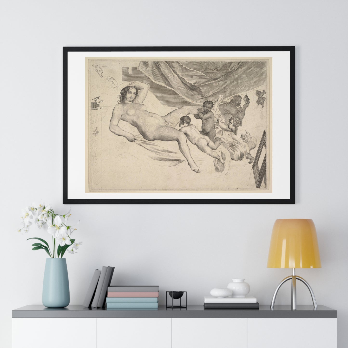 Allegorical Subject: Nude Woman, Three Children and a Mousetrap 'La Sourcière' by Claude Mellan, from the Original, Framed Art Print