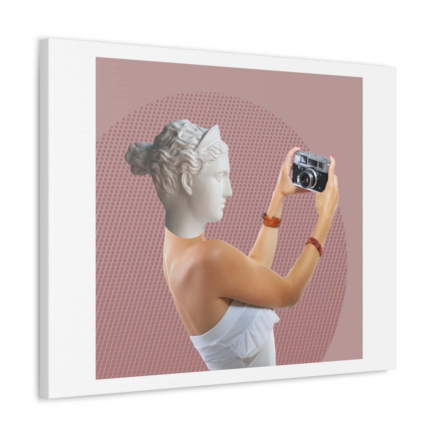 Human Statue Selfie, Graphic Art Print on Satin Canvas