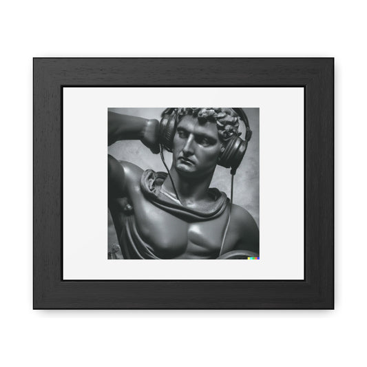 Michelangelo's Sculpture Of David Wearing Headphones Digital Art 'Designed by AI' Wooden Framed Print