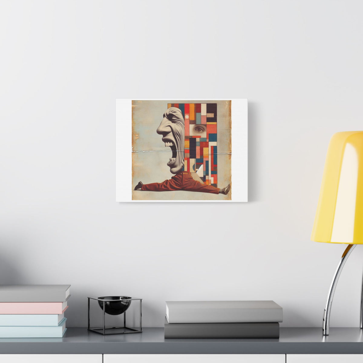 Stretched Canvas Wall Art: Surreal Geometric Face and Acrobat Collage