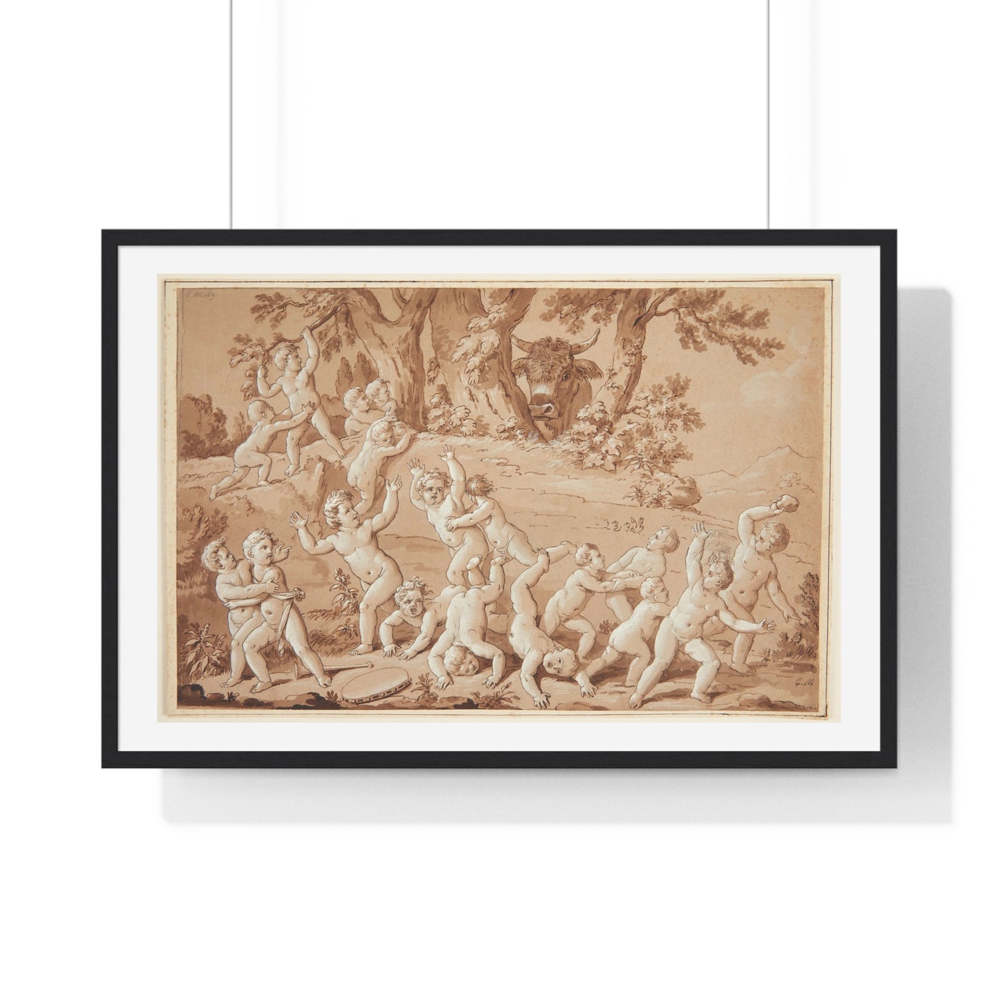 Putti Flees from a Bull, by Conrad Martin Metz, from the Original, Framed Art Print