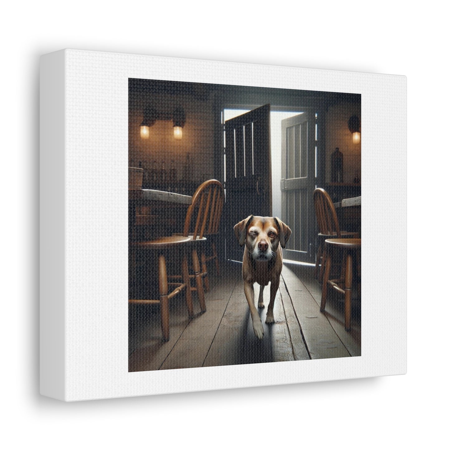 Dog Walks into a Tavern in Morning Light 'Designed by AI' Art Print on Canvas