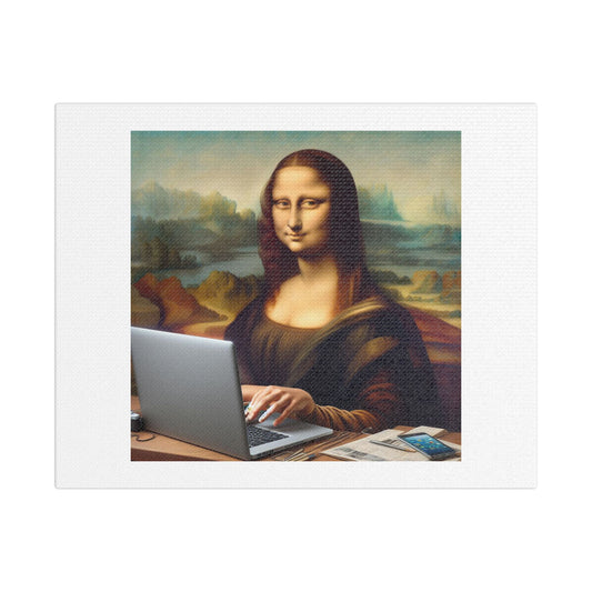 Photorealistic Painting of Mona Lisa Working on a Laptop, Computer Art Print 'Designed by AI' on Satin Canvas