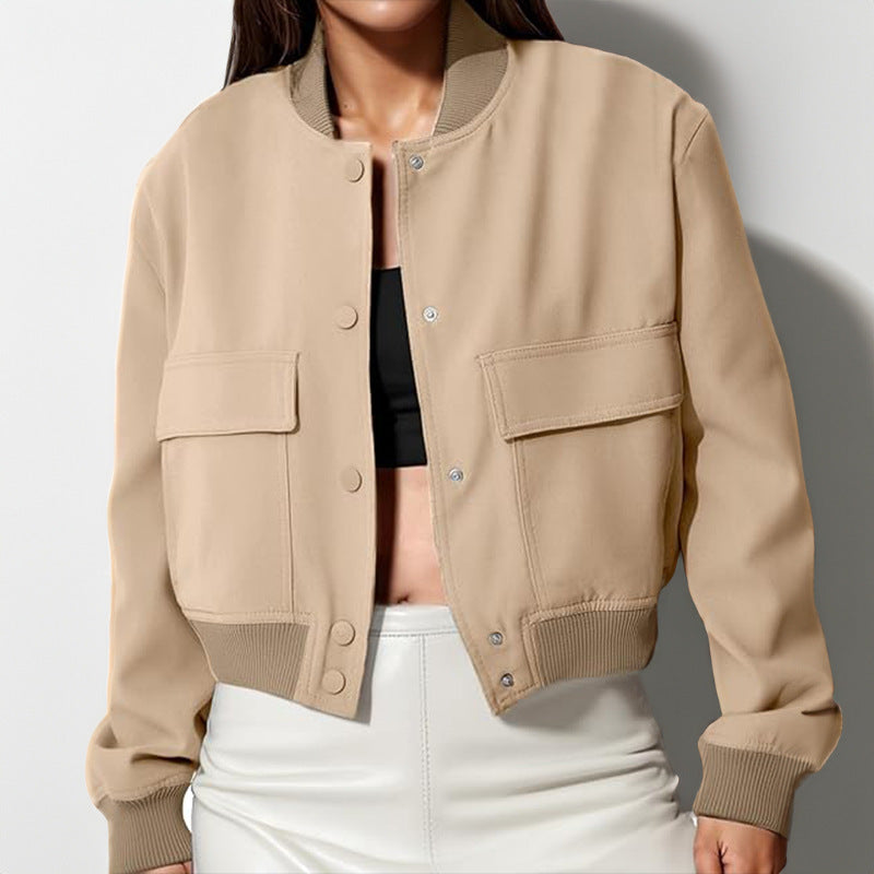 Women's Stand-Collar Fashion Bomber Jacket, Big Pockets