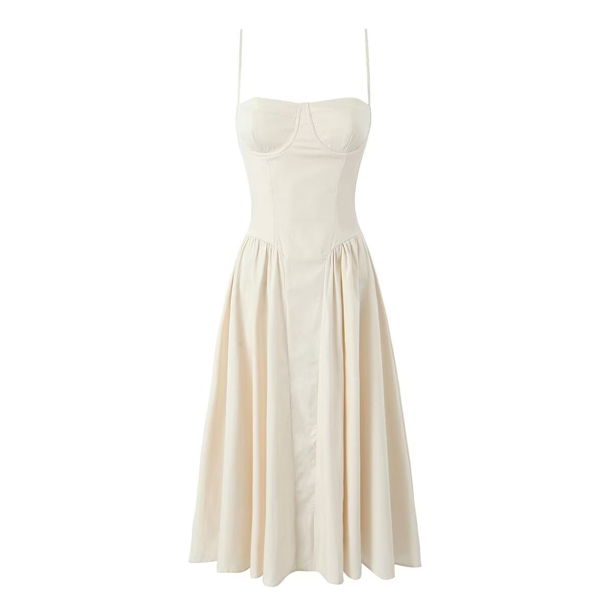 Vireous Ivory Square-Neck Steel Ring Bodice Fitted-Waist Pleated Dress