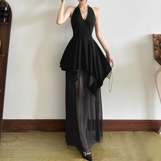 French Style V-Neck Girdle Layered Mesh Black Formal Dress