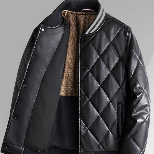 Vireous Men's Quilted Leather Baseball Jacket