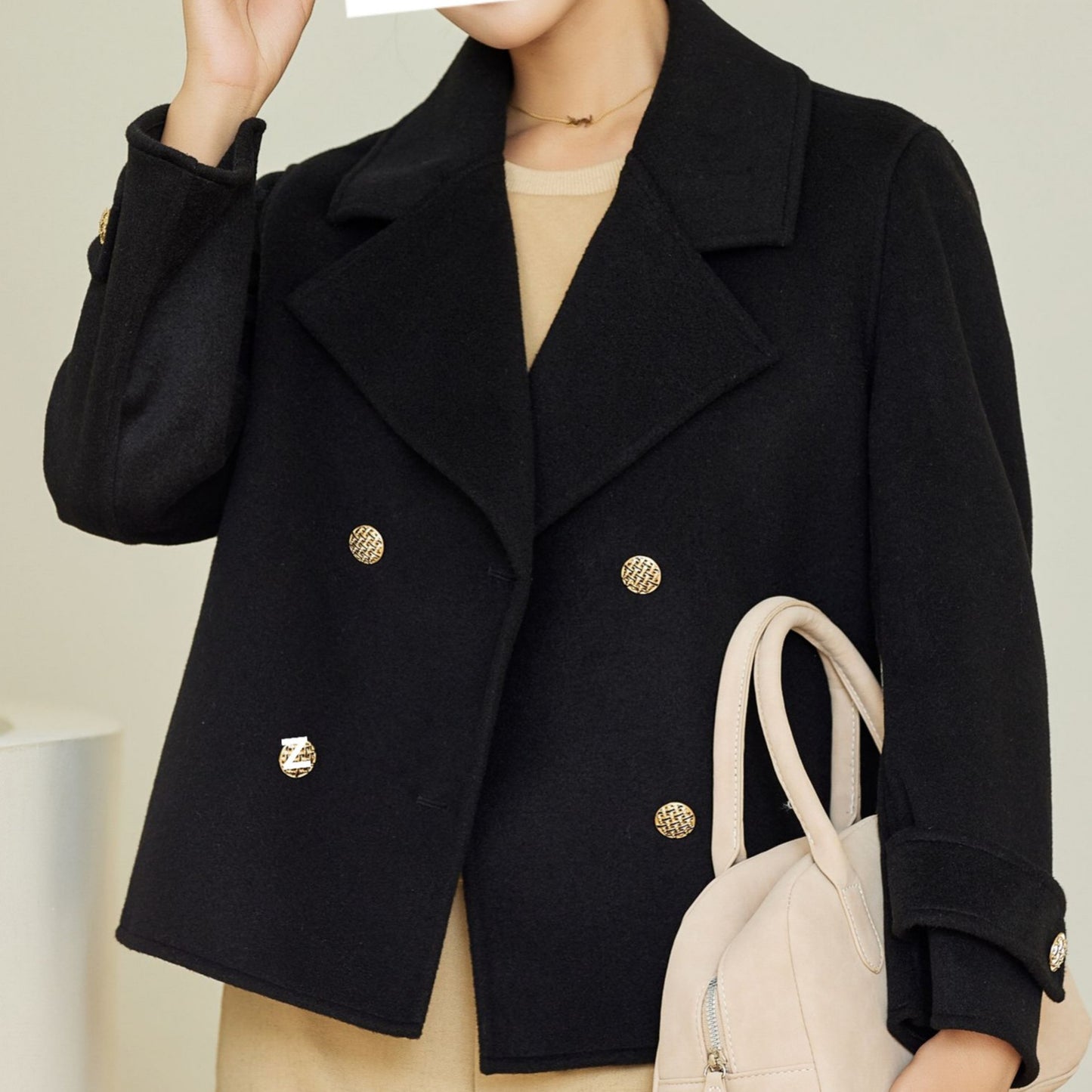 Vireous Women's Short Fashion Elegant Coat, Double-Breasted Woollen Coat