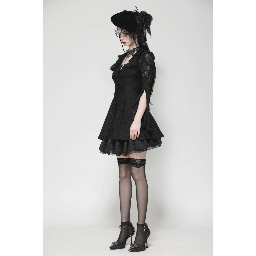 Dark in Love Luca Black Hollow Lace Gemstone-Button Adjustable Waist Dress