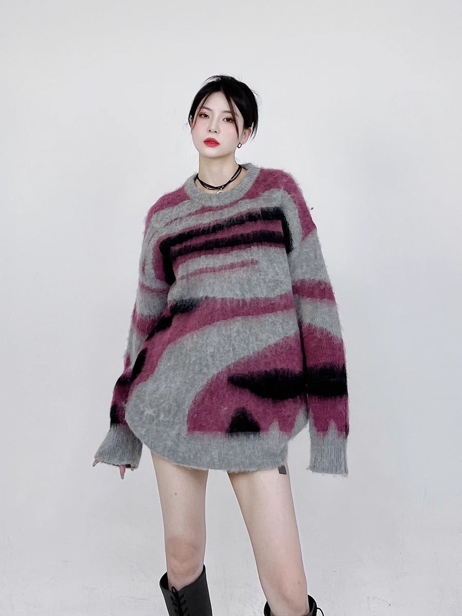 Women's Retro Contrast Colour Loose Sweater