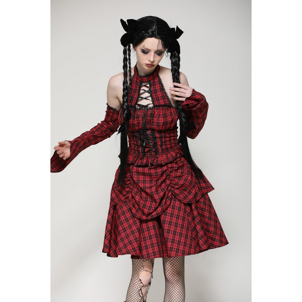 Dark in Love Rosalind Black and Red Tartan Cold Shoulder Halter Neck Dress