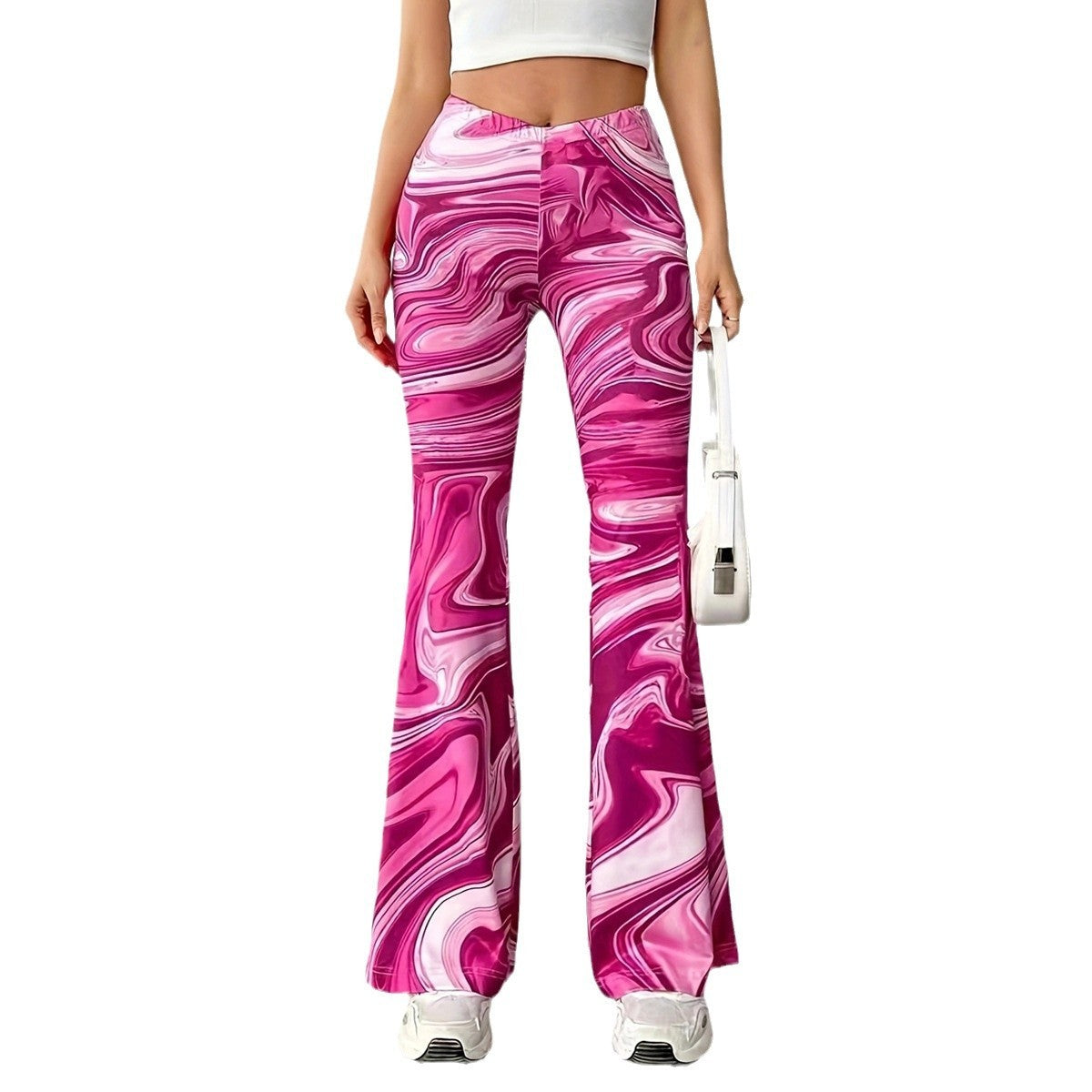 Women's Casual Wide-Leg Hot Pink Print Bootcut Pants